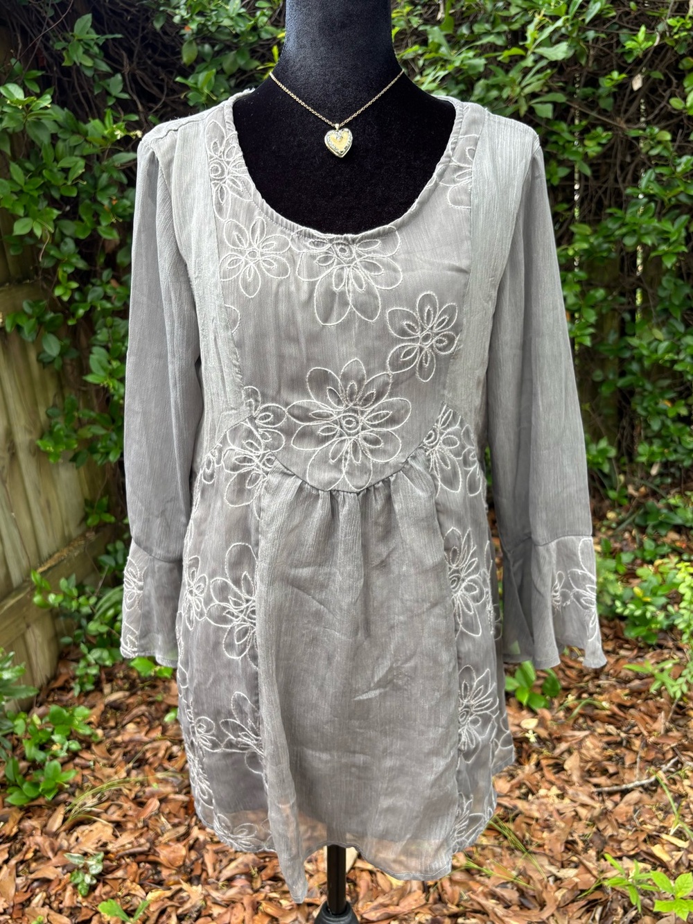 Grey Blouse with Floral Embroidery and Bell Sleeves